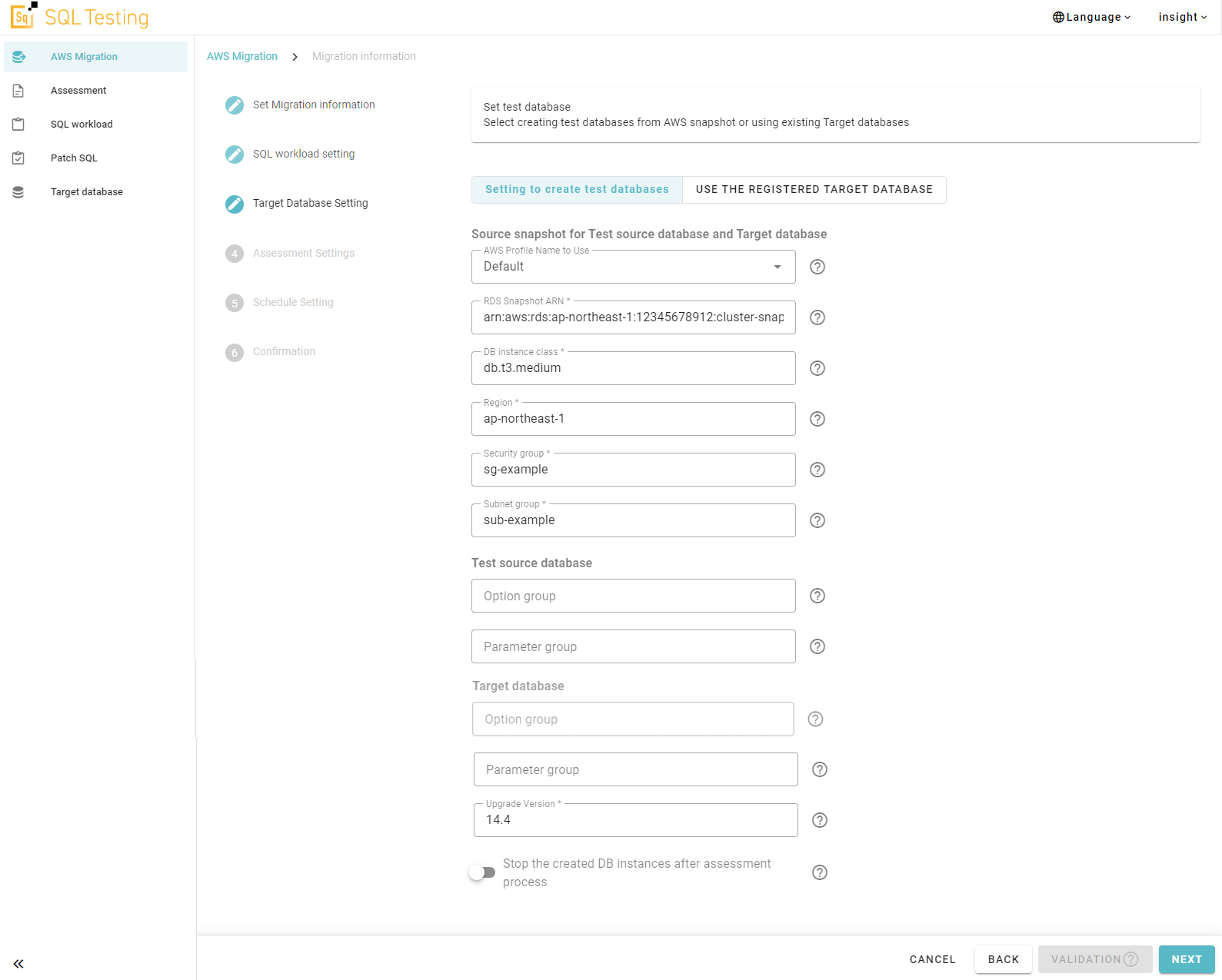 Target database setting