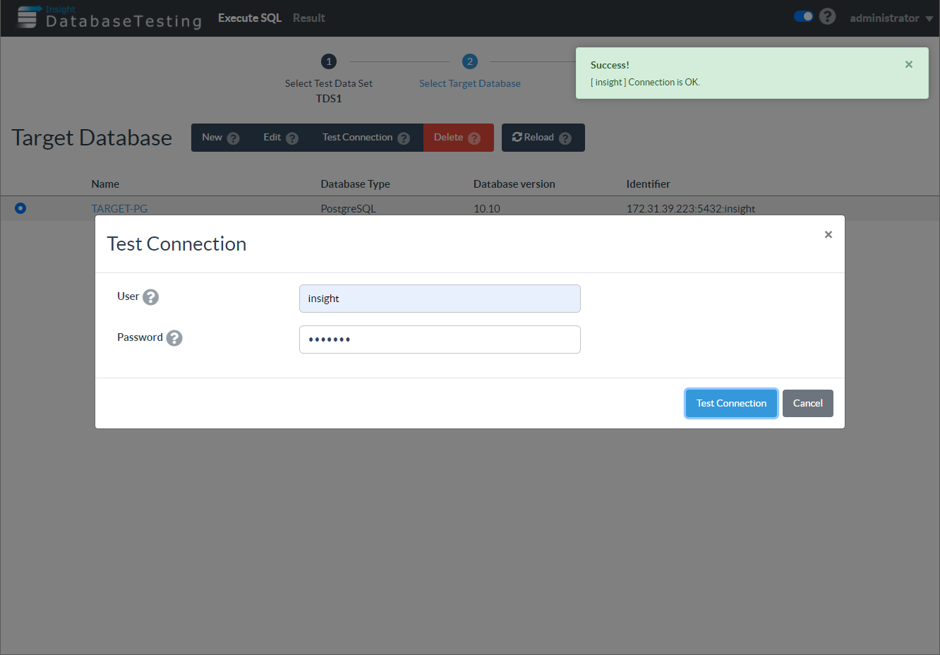 idt target database test connection